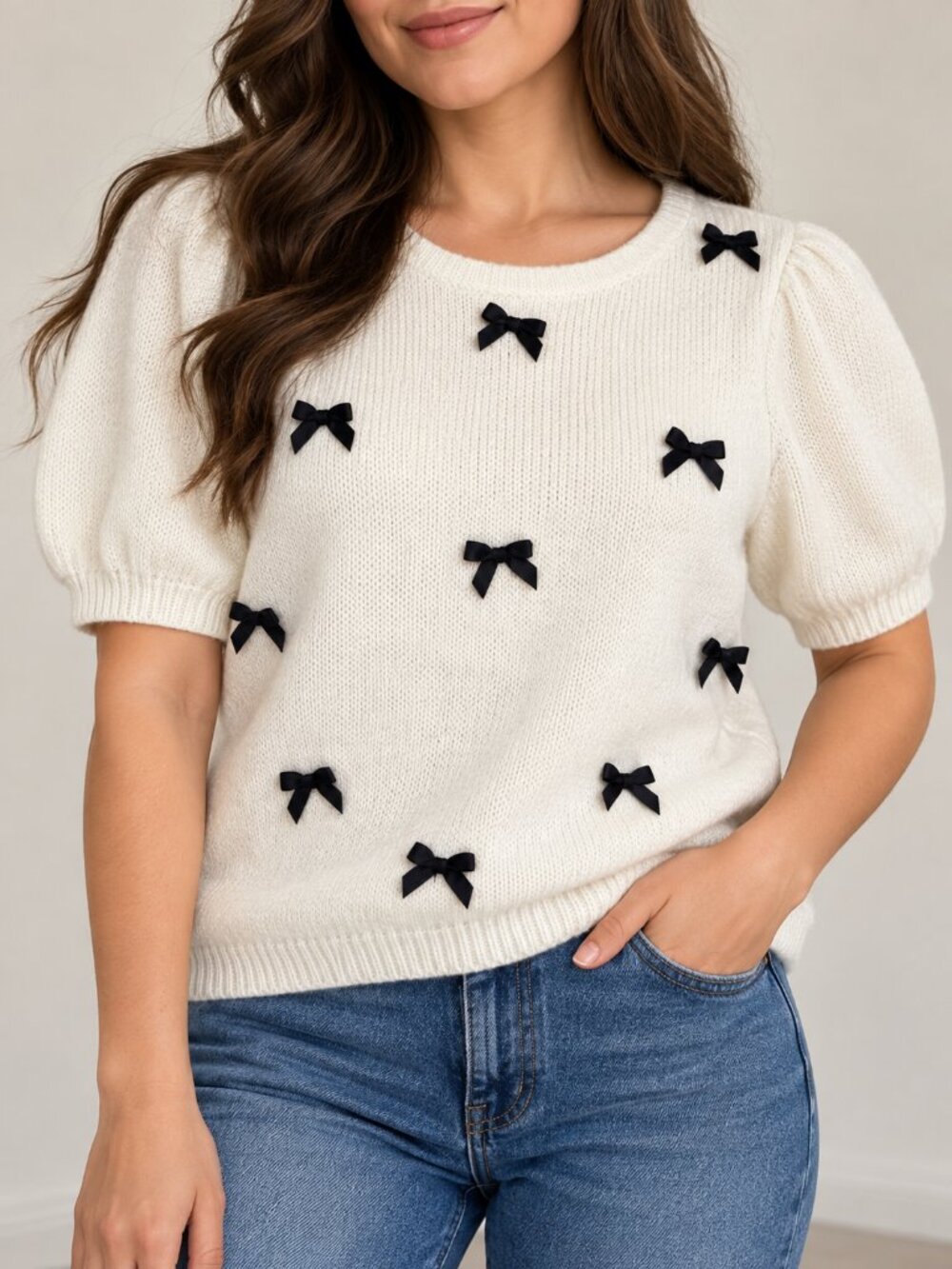 Ivory Knit Sweater Black Bow Details Puff Sleeve 1XL